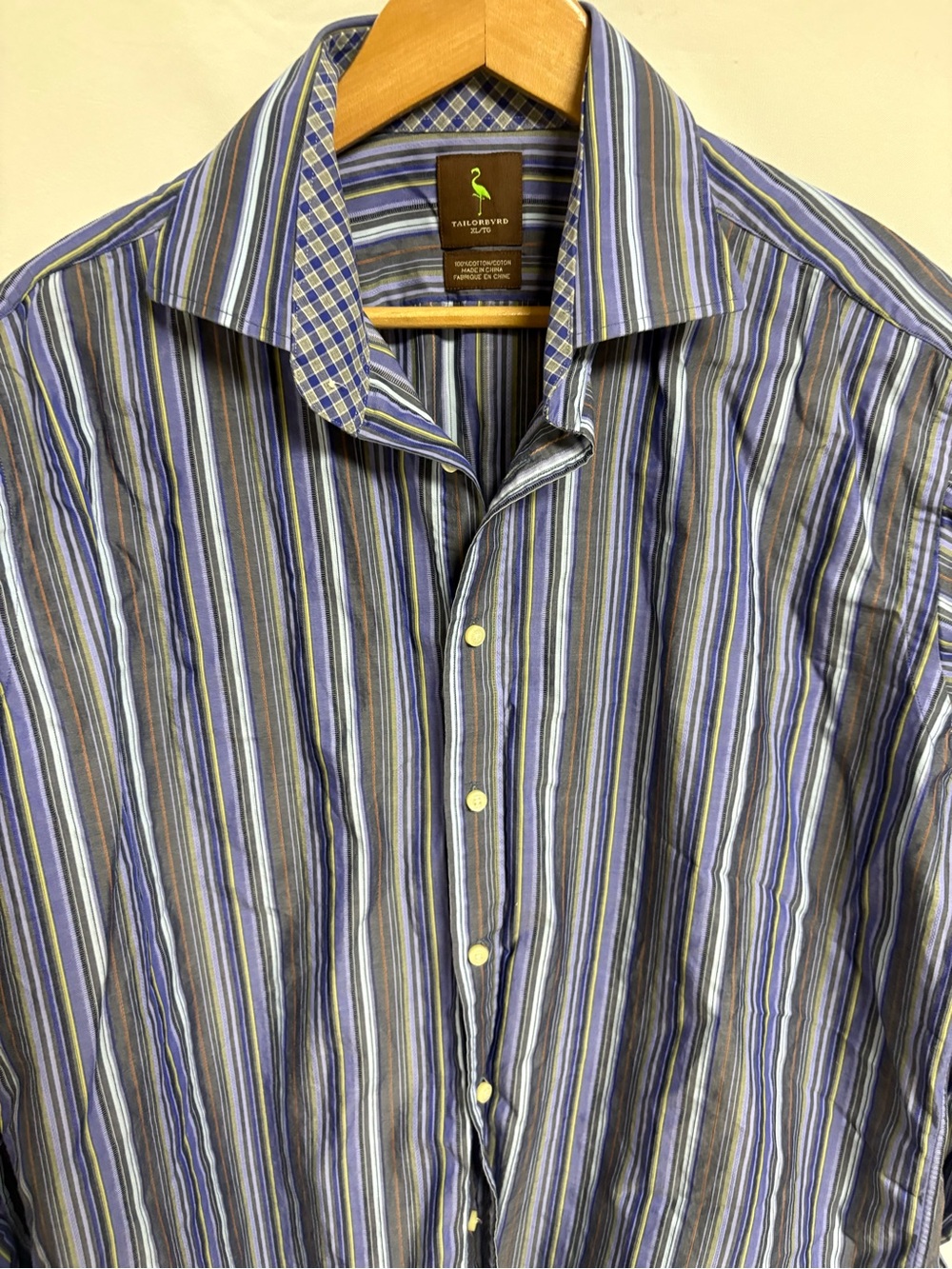 Tailorbyrd Men’s Striped Button-Up Shirt in Blue and Gray with Brown Accent